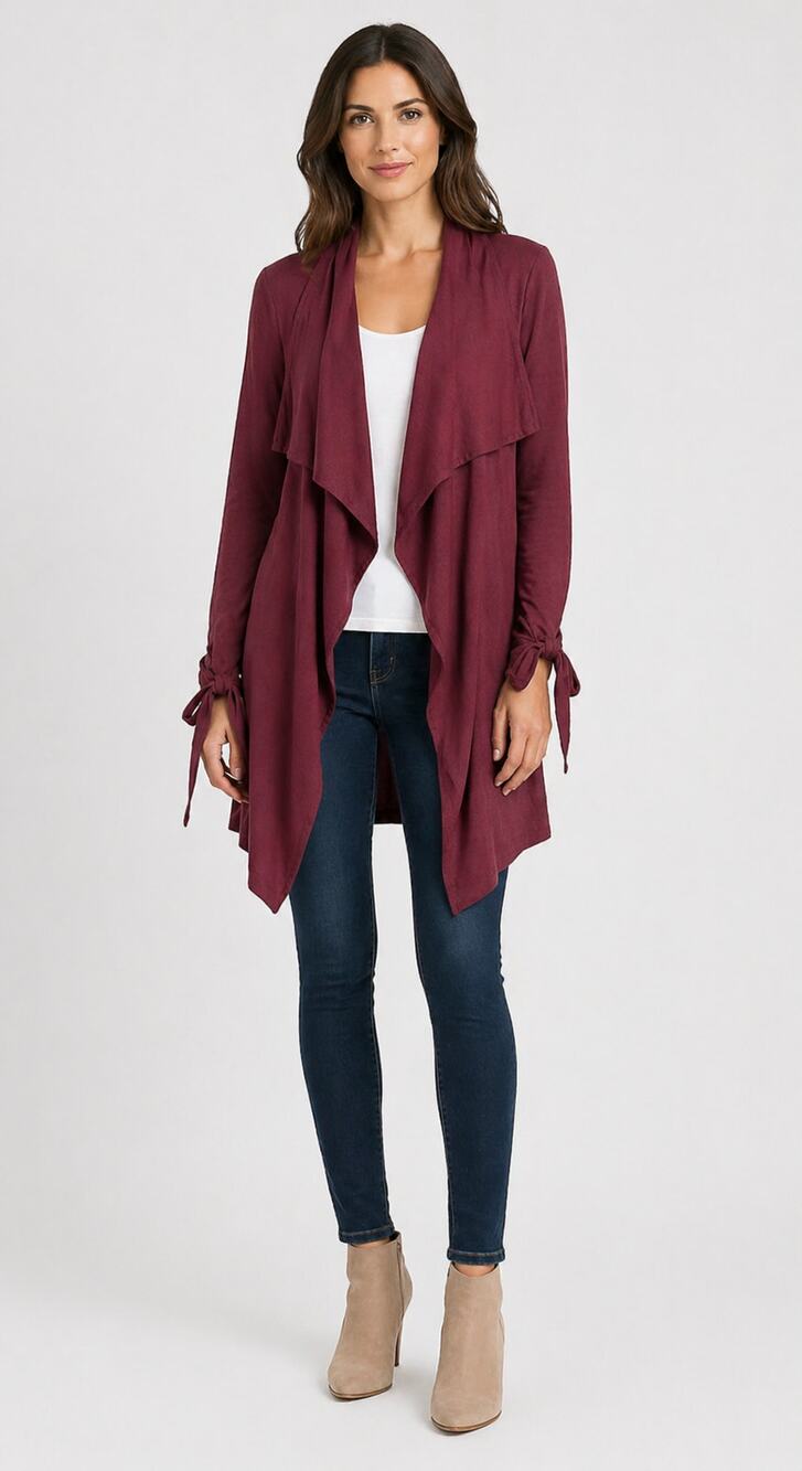 Thread Supply Waterfall Tie Front Cardigan Wine Womens Small Long Sleeve